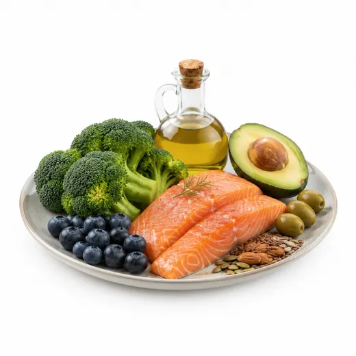 Un piatto con verdure, pesce, avocado, frutta secca e olio: l'alimentazione come terreno