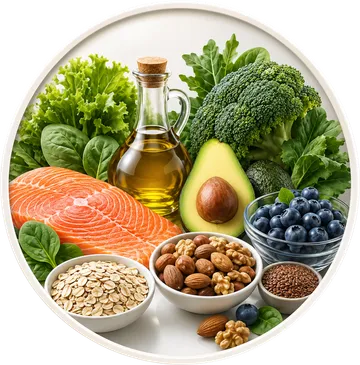 Un piatto con verdure, pesce, avocado, frutta secca e cereali integrali