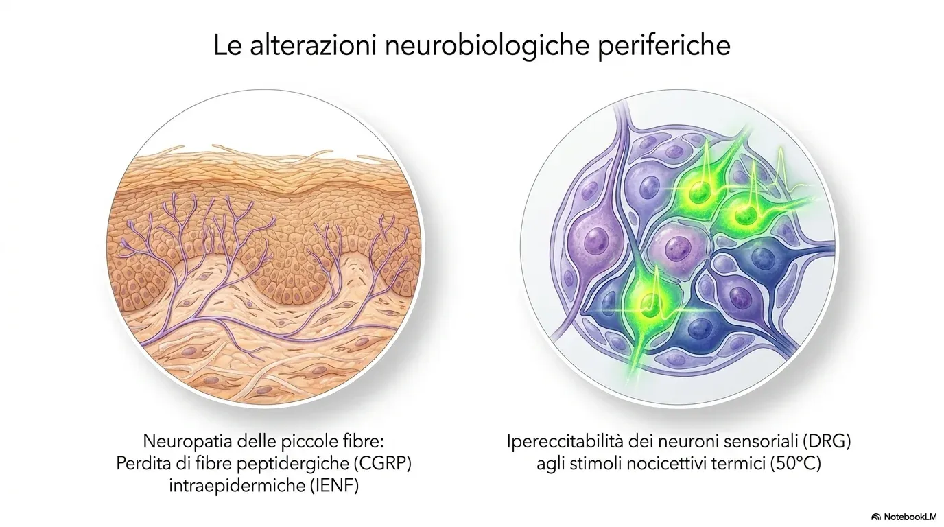 Le alterazioni neurobiologiche periferiche: neuropatia delle piccole fibre con perdita di fibre CGRP+ e ipereccitabilità dei neuroni sensoriali del DRG agli stimoli termici