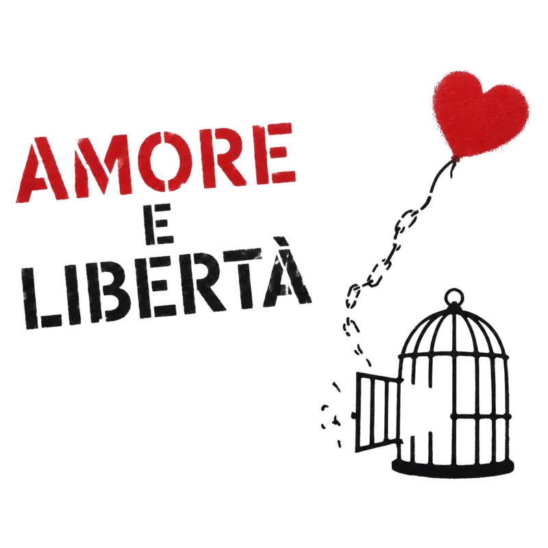 Locandina Amore e libertà: palloncino a forma di cuore che si alza in volo da una gabbia aperta, spezzando la catena che lo tratteneva