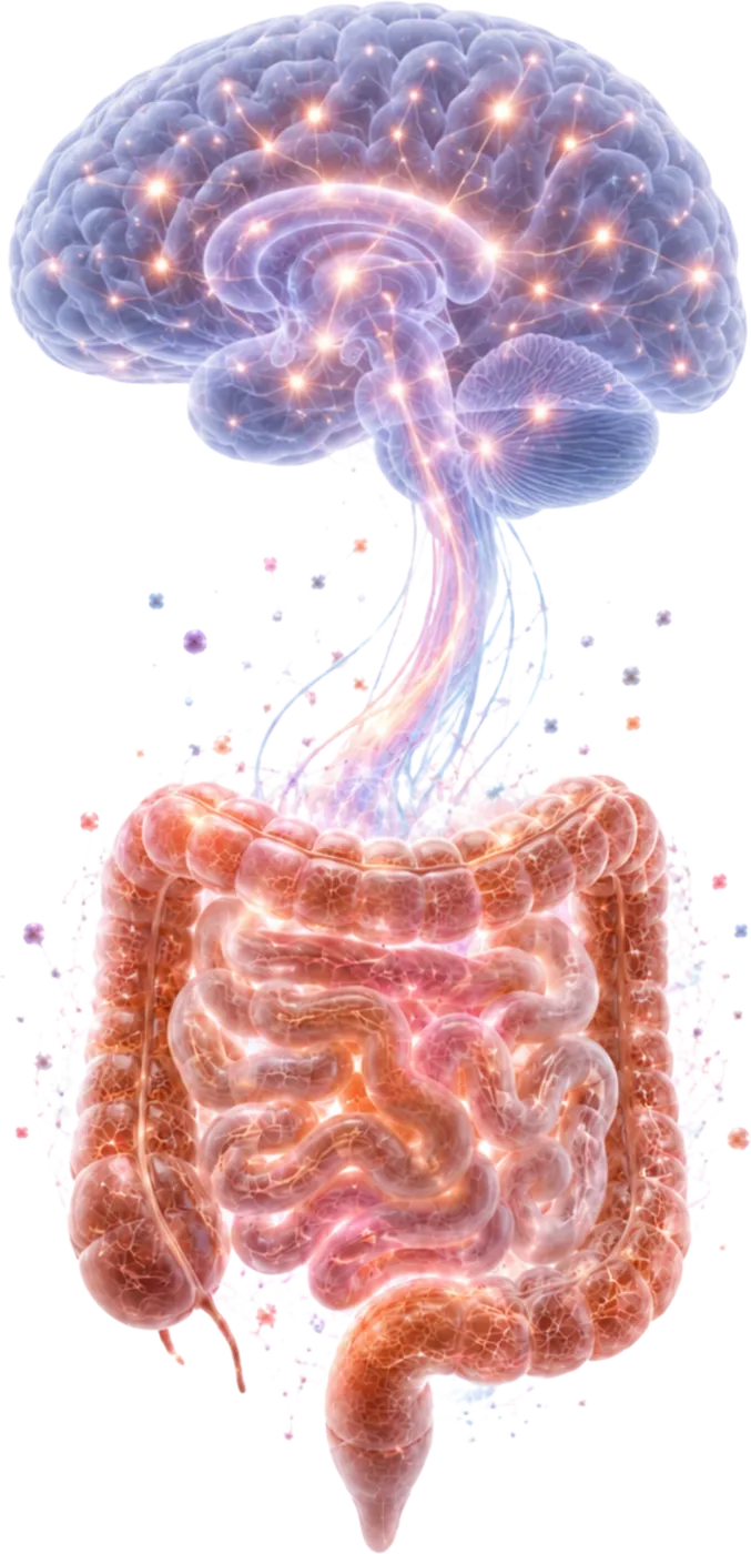 L'asse intestino-cervello: un cervello in alto collegato da una scia di luce a un intestino in basso