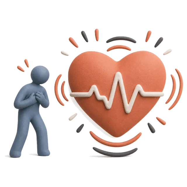 Piccola figura accanto a un grande cuore che pulsa, attraversato da linee arancioni che ne segnano il battito accelerato