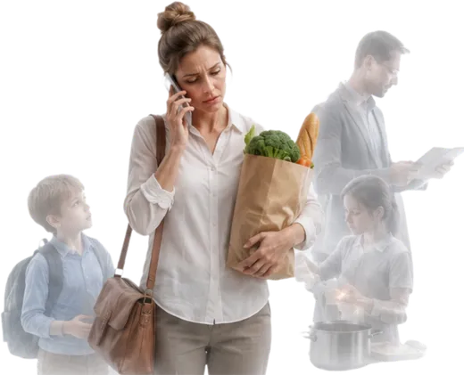 Donna che regge la spesa e parla al telefono, circondata dalle figure sfumate della famiglia