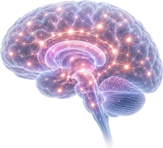 Cervello di profilo attraversato da reti di segnali luminosi