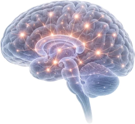 Cervello di profilo attraversato da reti di segnali luminosi