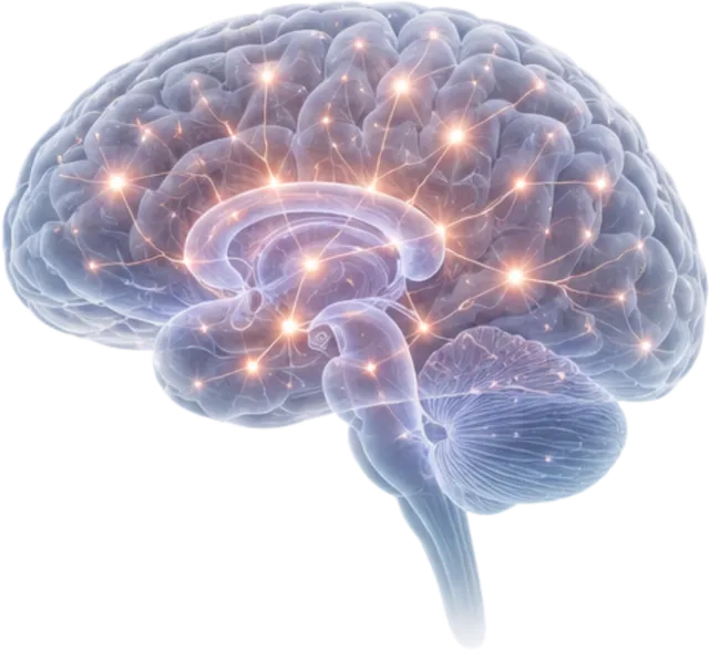 Cervello di profilo attraversato da reti di segnali luminosi