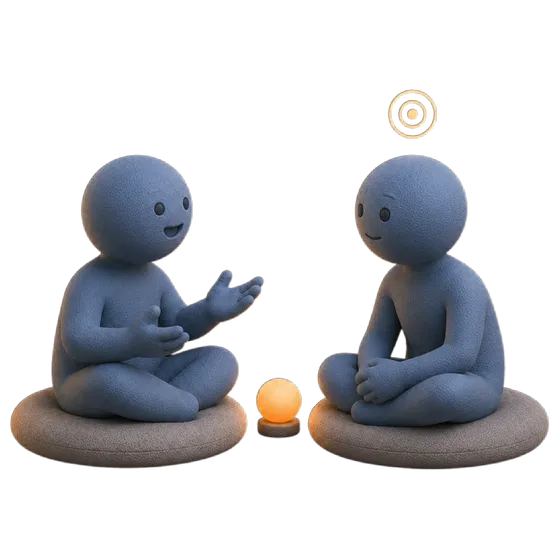 Le stesse due figure in dialogo: chi ascolta è ora presente e concentrato, con un piccolo bersaglio centrato sopra la testa a segnare l'attenzione ritrovata