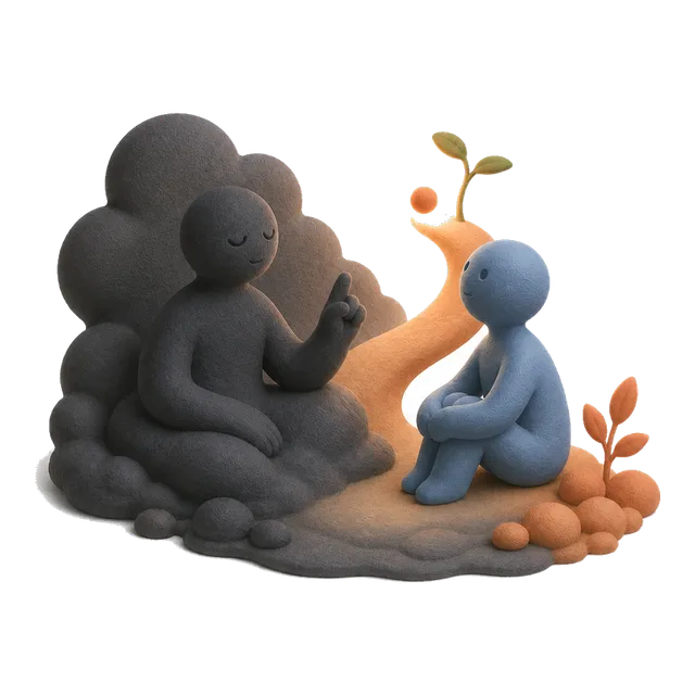 Una figura scura, seduta su un cumulo scuro, dialoga con una figura blu; tra loro una piccola pianta arancione germoglia dal terreno