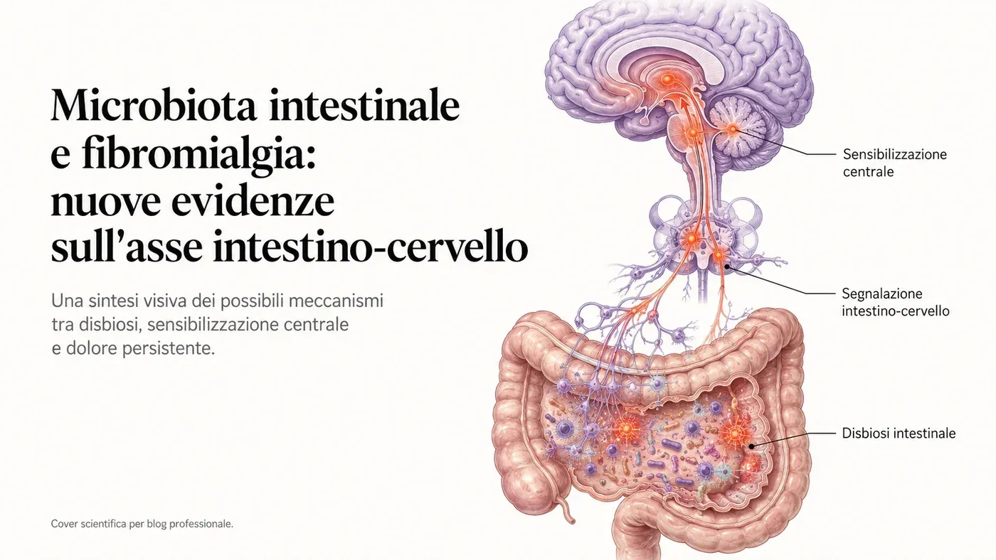 Microbiota intestinale e fibromialgia: schema dell'asse intestino-cervello con disbiosi intestinale, segnalazione e sensibilizzazione centrale