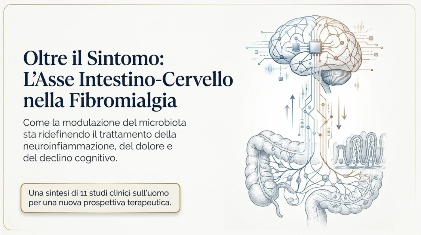 Oltre il sintomo: l'asse intestino-cervello nella fibromialgia — illustrazione del dialogo bidirezionale tra cervello e intestino, sintesi di 11 studi clinici sull'uomo