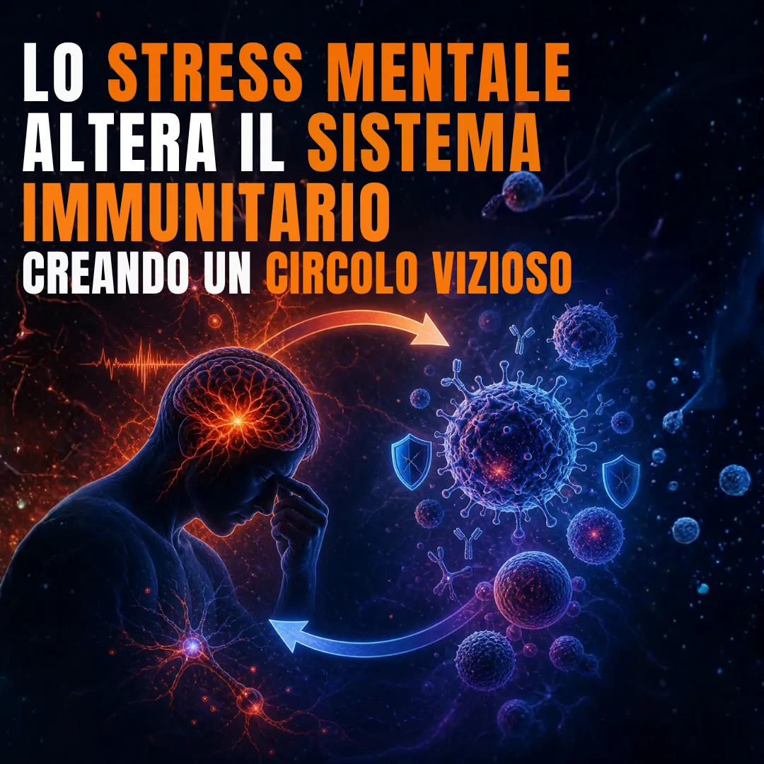 Illustrazione di una persona con la testa illuminata di dolore accanto a un virus stilizzato, con la scritta «Lo stress mentale altera il sistema immunitario creando un circolo vizioso»