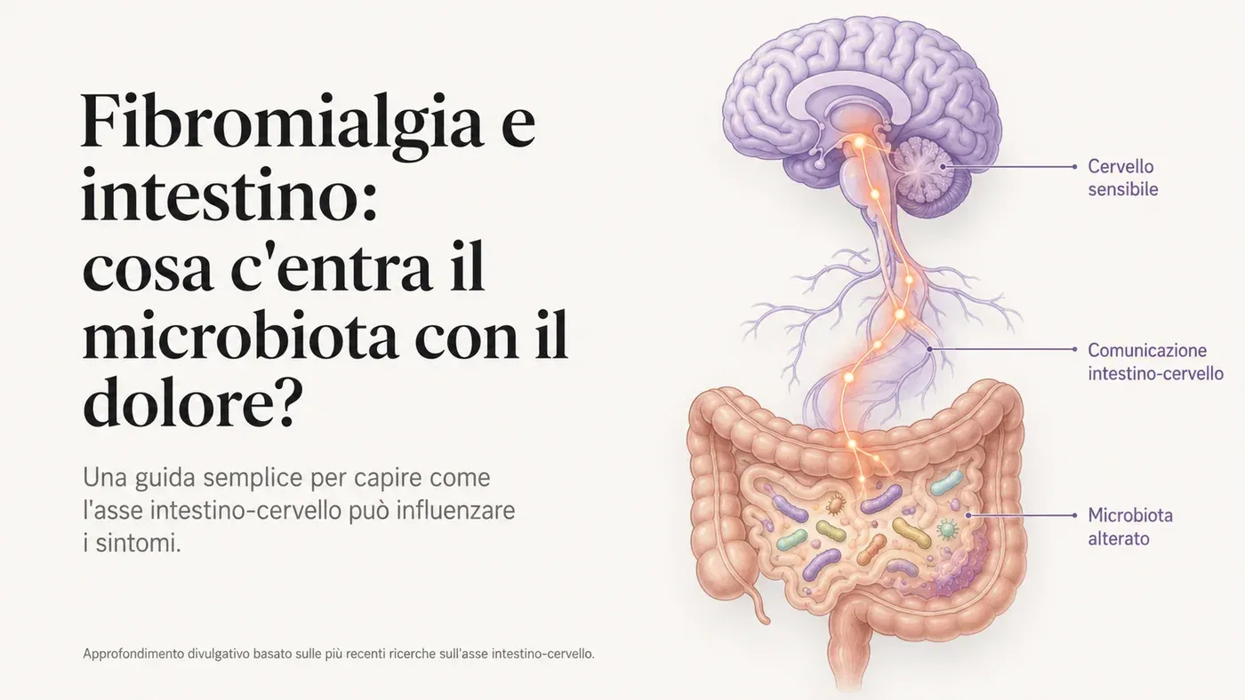 Fibromialgia e intestino: illustrazione dell'asse intestino-cervello con microbiota alterato e cervello sensibile al dolore