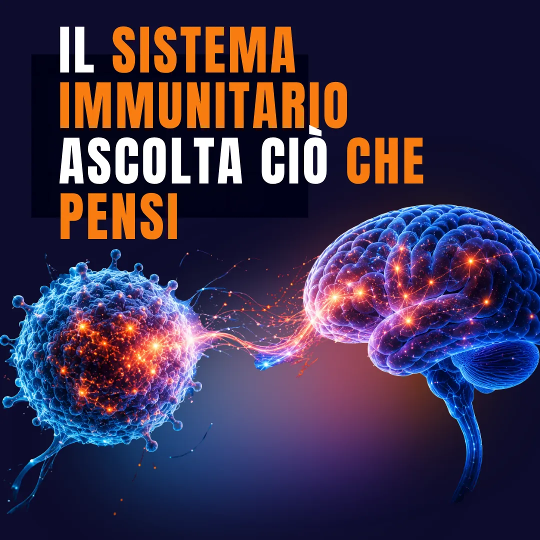 Un cervello e una cellula immunitaria collegati da filamenti di luce, con la scritta «Il sistema immunitario ascolta ciò che pensi»