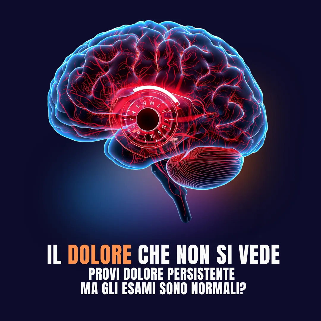 Illustrazione di un cervello con un quadrante luminoso al centro e la scritta «Il dolore che non si vede»
