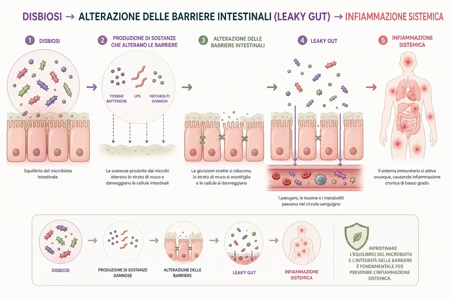 Schema in cinque tappe: dalla disbiosi alla produzione di sostanze dannose, all’alterazione delle barriere, al leaky gut, fino all’infiammazione sistemica rappresentata su una figura umana