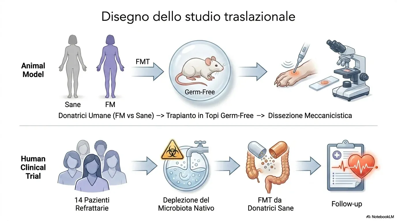 Disegno dello studio traslazionale: dal modello animale (donatrici umane FM vs sane, trapianto in topi germ-free, dissezione meccanicistica) al trial clinico umano su 14 pazienti refrattarie
