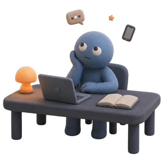 Figura seduta alla scrivania col portatile, lo sguardo attirato altrove da una notifica e dallo smartphone che vola via