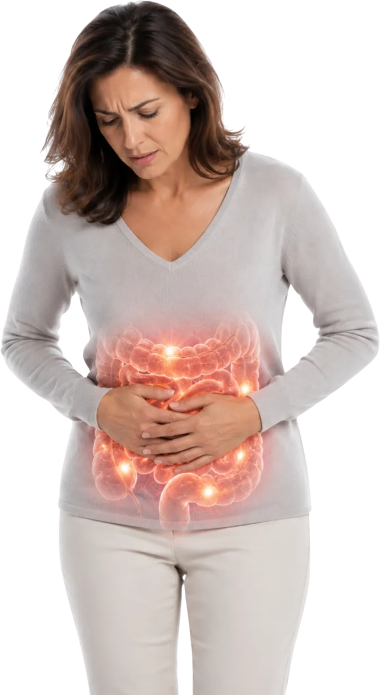 Una donna con le mani sulla pancia e l'intestino che si accende: convivere con l'intestino irritabile