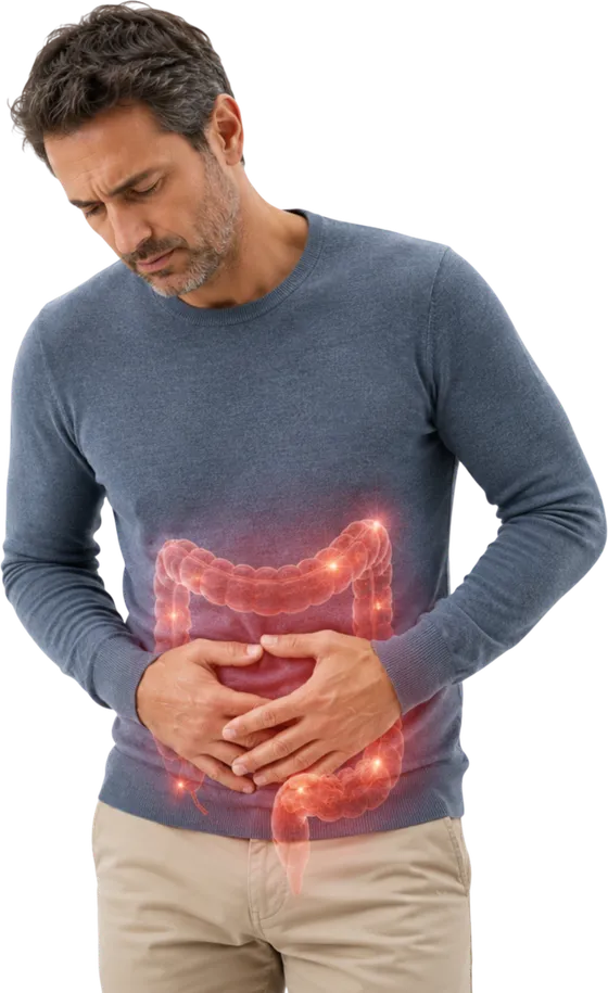 Un uomo con le mani sulla pancia e l'intestino che si accende di dolore