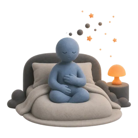 Figura seduta a letto in un momento di calma, le mani sul ventre e gli occhi chiusi, come in un esercizio di respiro