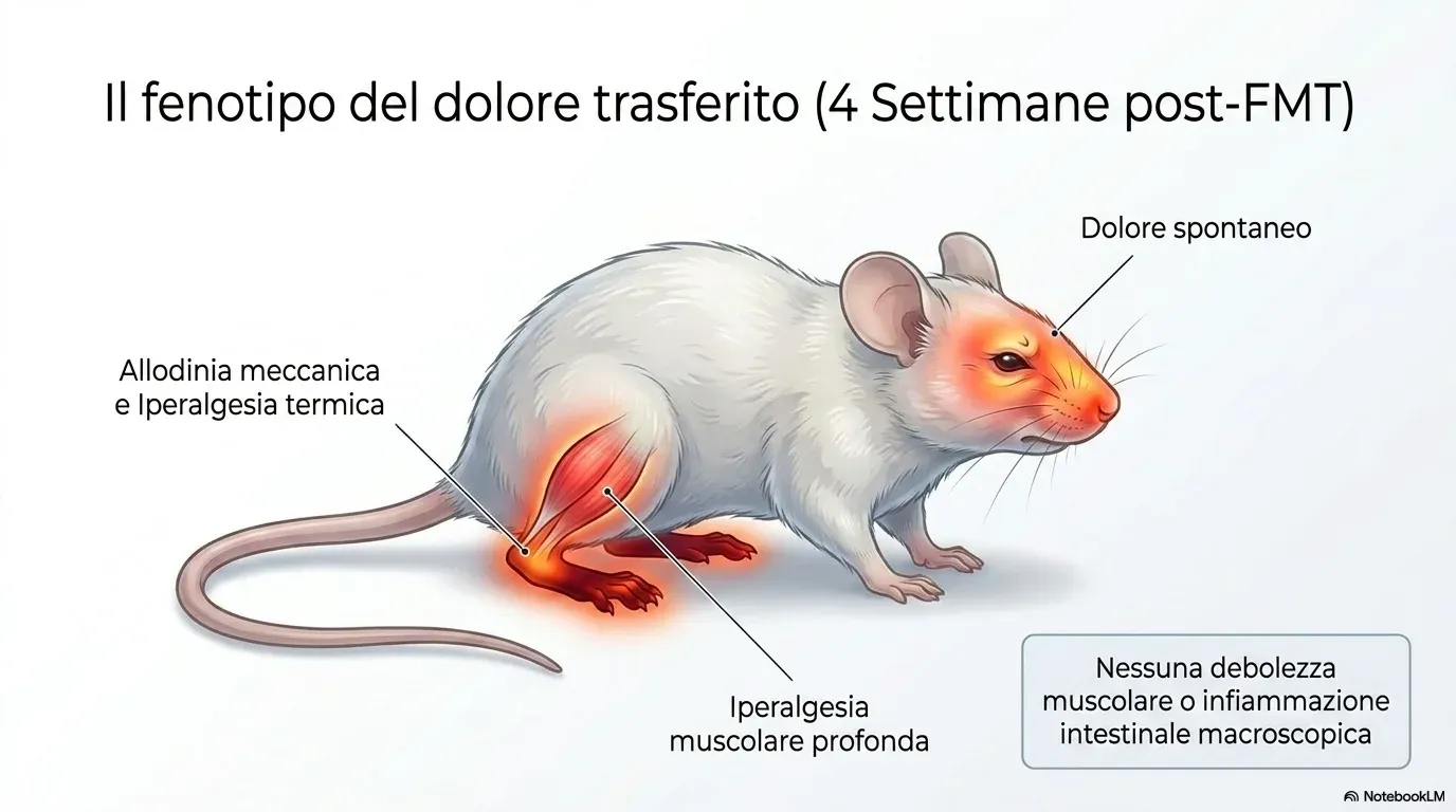 Il fenotipo del dolore trasferito a 4 settimane dal trapianto: allodinia meccanica, iperalgesia termica, dolore spontaneo e muscolare, senza debolezza muscolare né infiammazione intestinale visibile