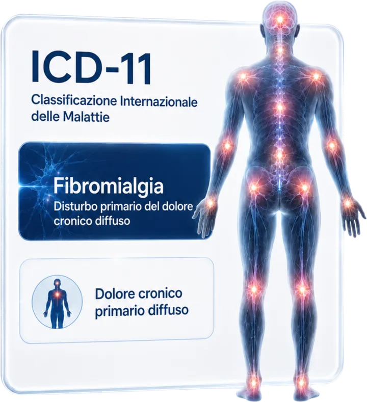 Scheda ICD-11 in italiano: «Fibromialgia — Disturbo primario del dolore cronico diffuso», accanto a una figura umana con i punti del dolore accesi