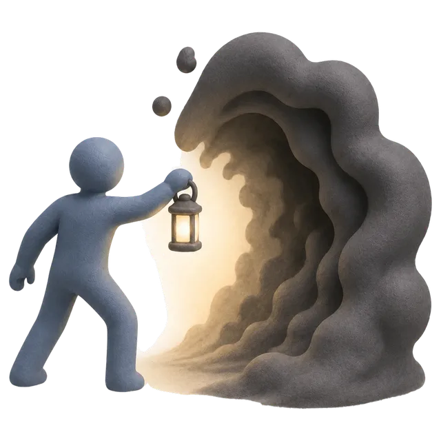Figura con una lanterna accesa che avanza dentro una grotta buia, illuminando l'oscurità davanti a sé