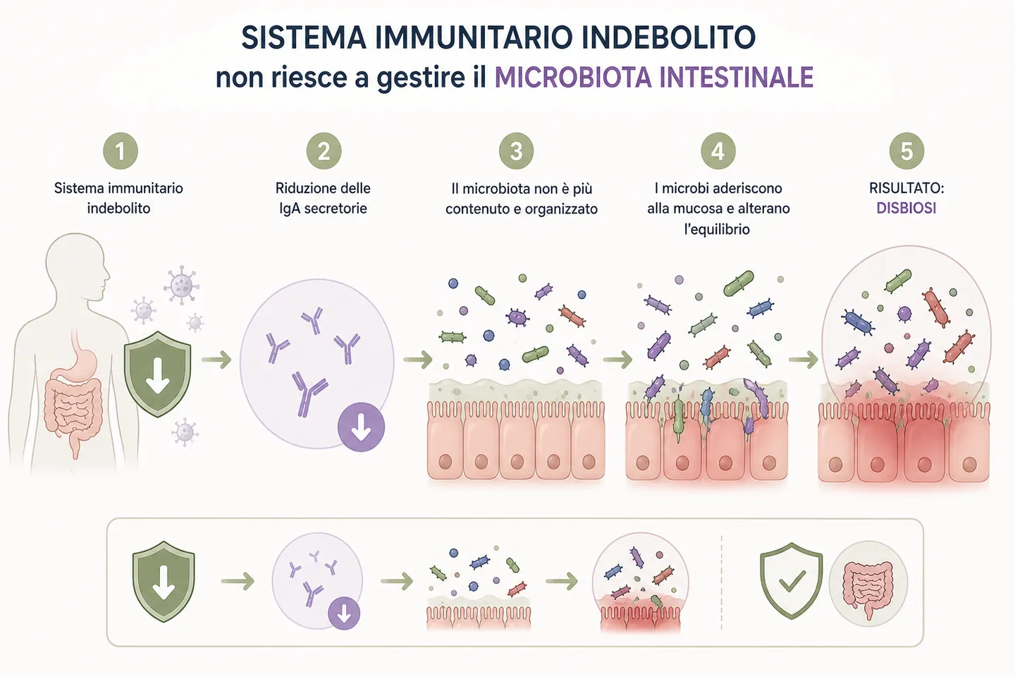Schema in cinque tappe: il sistema immunitario indebolito riduce le IgA secretorie, il microbiota non è più contenuto, i microbi aderiscono alla mucosa e alterano l’equilibrio, con esito la disbiosi