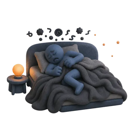 Figura che dorme in modo agitato sotto piccole forme scure d'incubo, con una lampada accesa accanto al letto