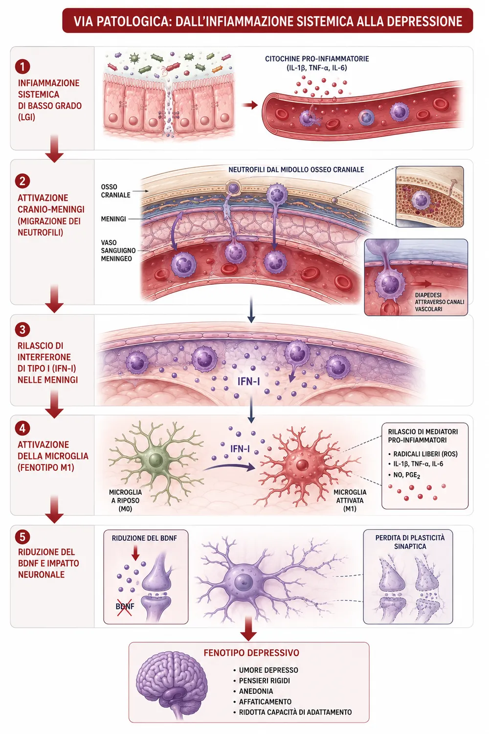 La via dall’infiammazione sistemica alla depressione: attivazione cranio-meningea, IFN-I, microglia M1 e crollo del BDNF