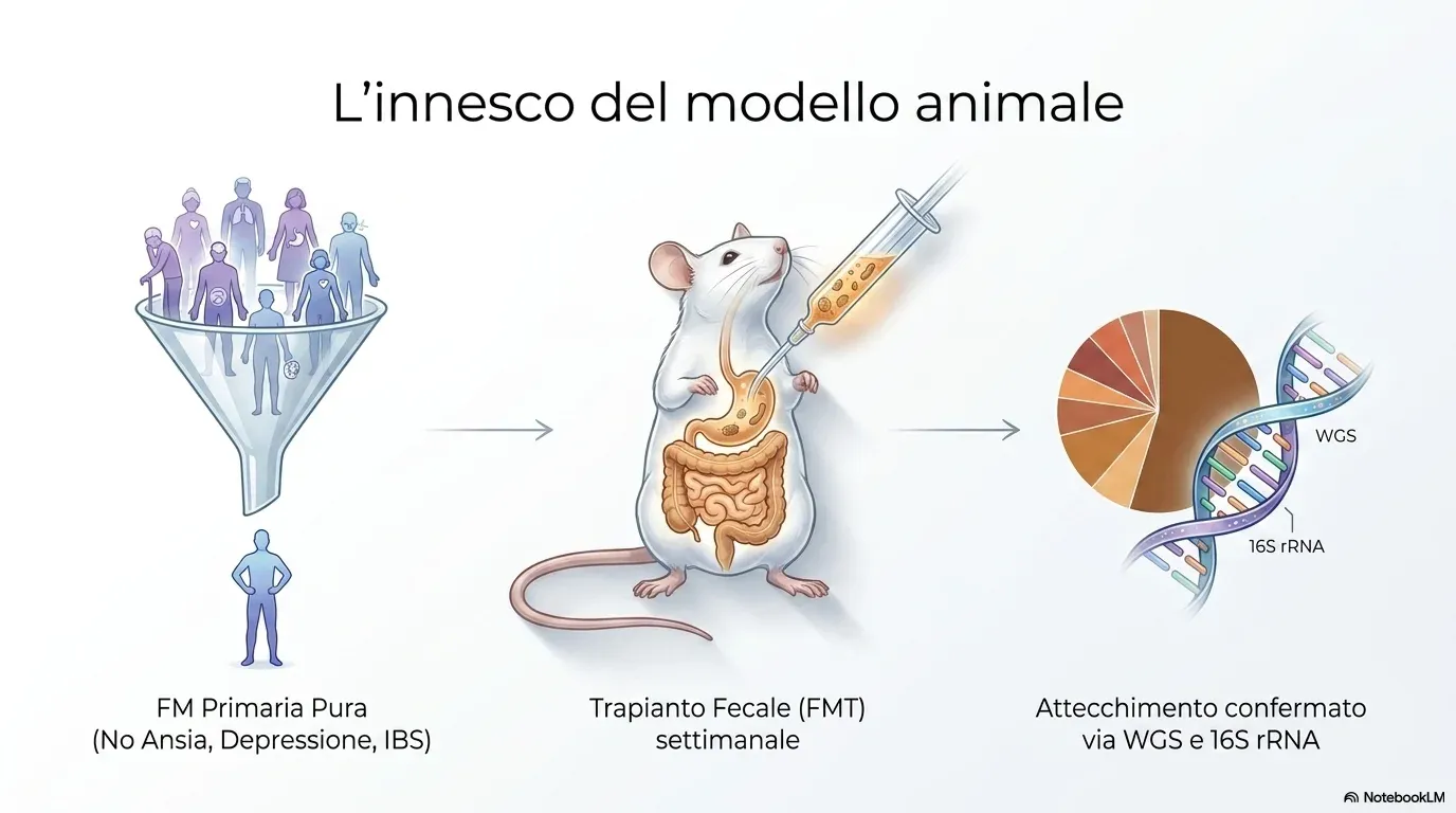 L’innesco del modello animale: microbiota da FM primaria pura trapiantato in topi germ-free, con attecchimento verificato via WGS e 16S rRNA