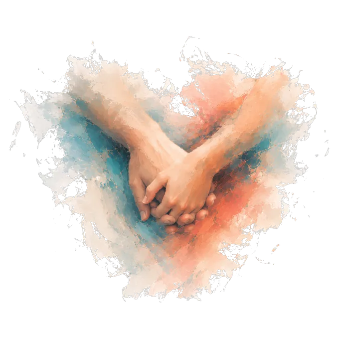 Due mani che si intrecciano, immerse in una macchia di acquerello che ricorda un cuore