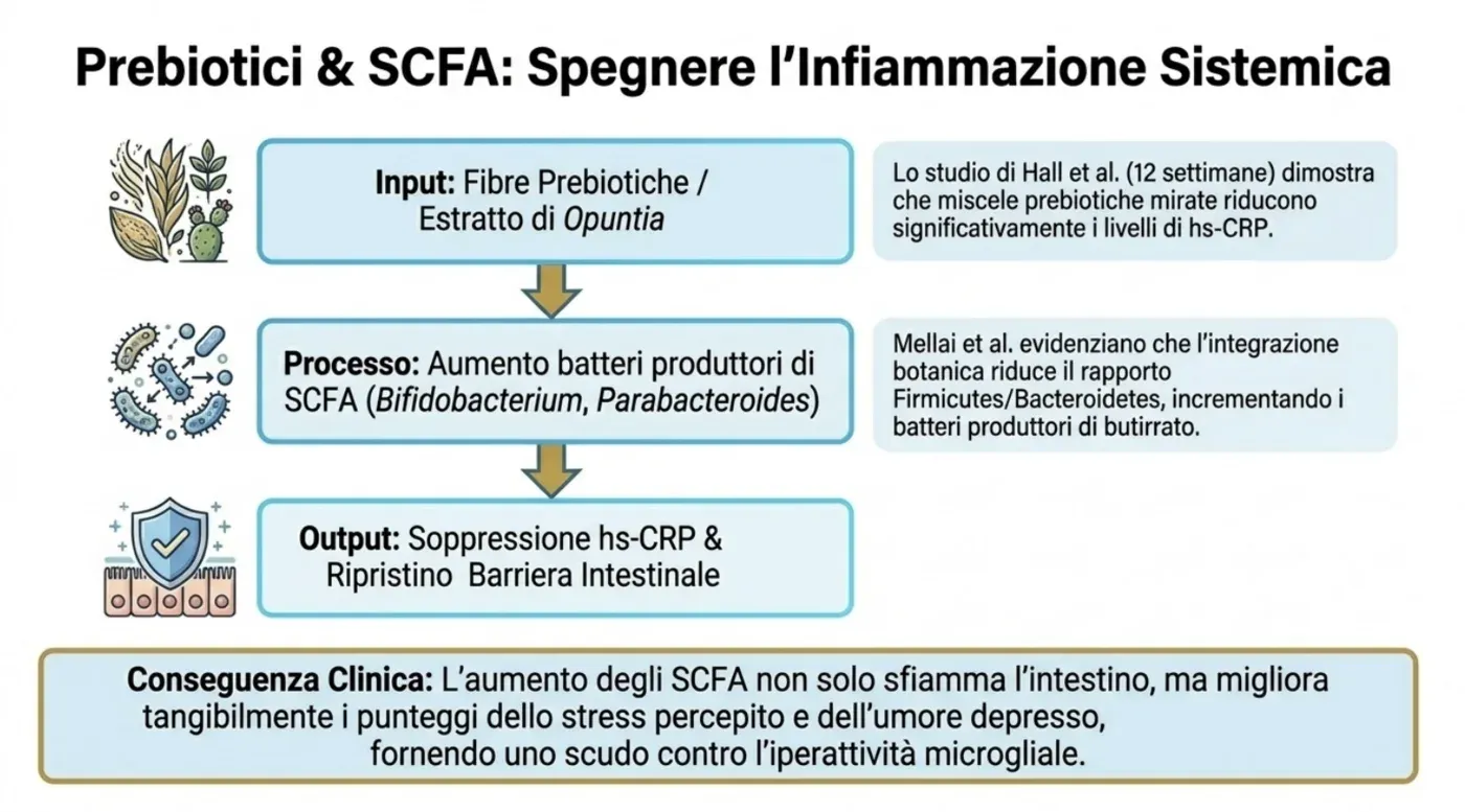 Prebiotici e SCFA: le fibre prebiotiche aumentano i batteri produttori di acidi grassi a catena corta (Bifidobacterium, Parabacteroides), con riduzione della hs-CRP e sostegno alla barriera intestinale