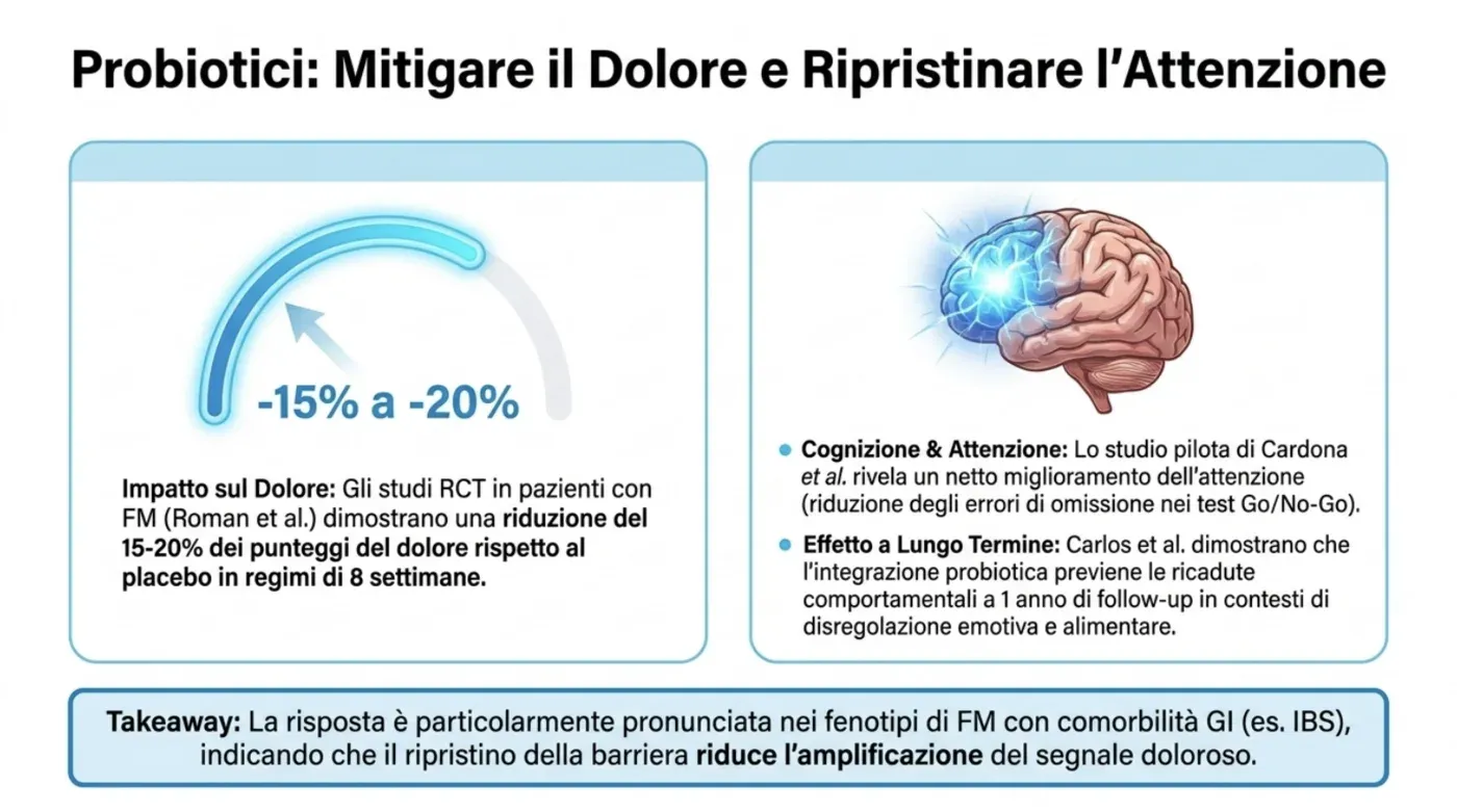 Probiotici e sintomi: negli RCT in pazienti FM una riduzione del 15-20% dei punteggi di dolore rispetto al placebo in 8 settimane, con miglioramento di attenzione e memoria; risposta più marcata nei fenotipi con comorbidità gastrointestinale