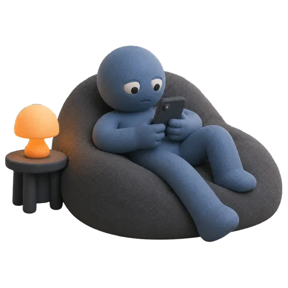 Figura sprofondata in un pouf che scorre distrattamente lo smartphone, con lo sguardo assente