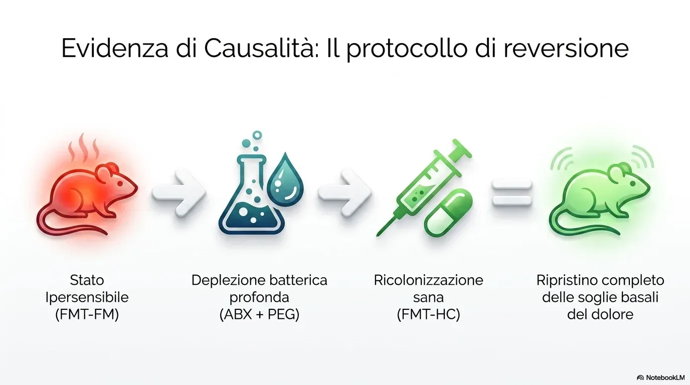 Il protocollo di reversione come prova di causalità: dallo stato ipersensibile alla deplezione batterica (antibiotici + PEG), alla ricolonizzazione sana, fino al ripristino completo delle soglie del dolore
