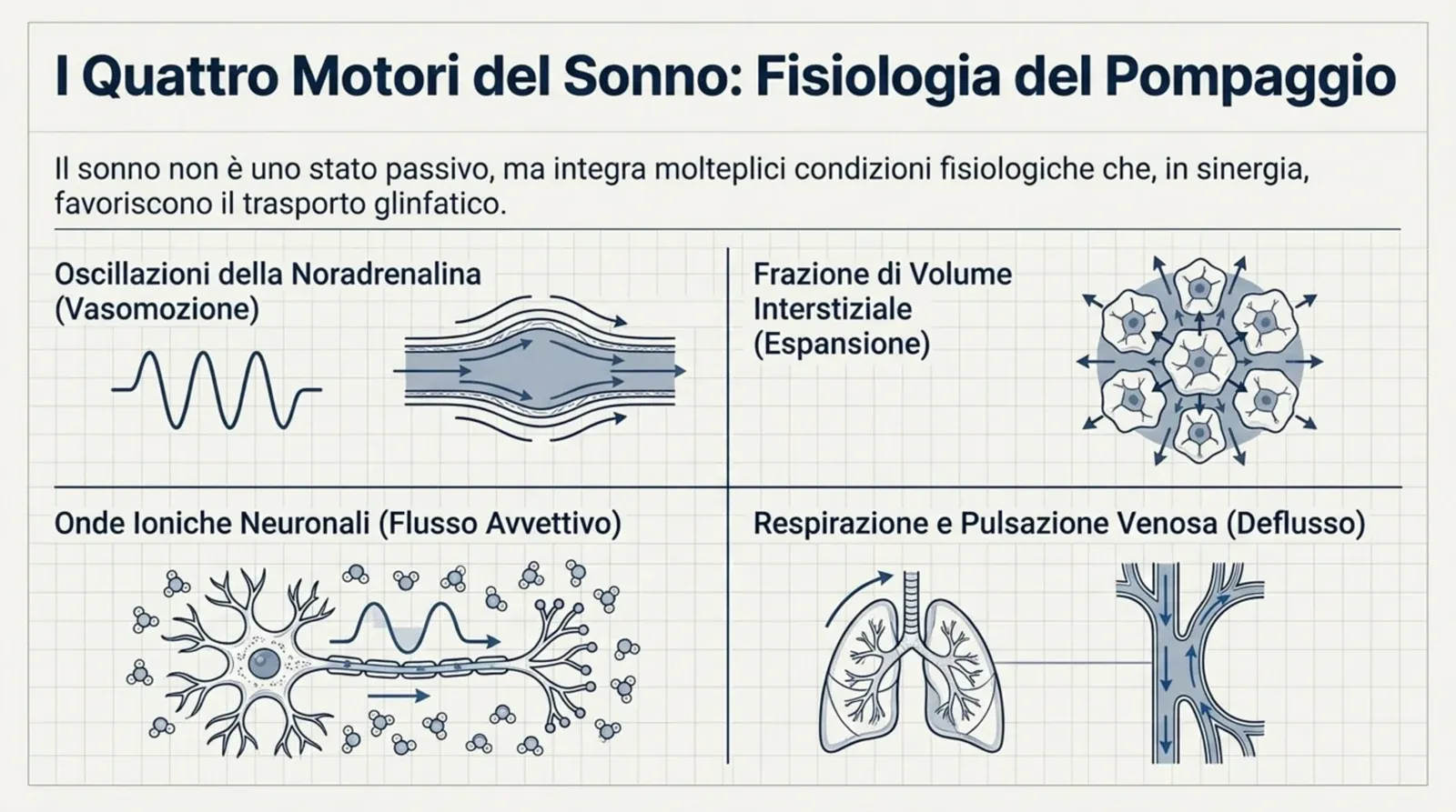 I quattro motori del sonno: vasomozione da noradrenalina, espansione dello spazio extracellulare, onde ioniche neuronali e pulsazione respiratorio-venosa