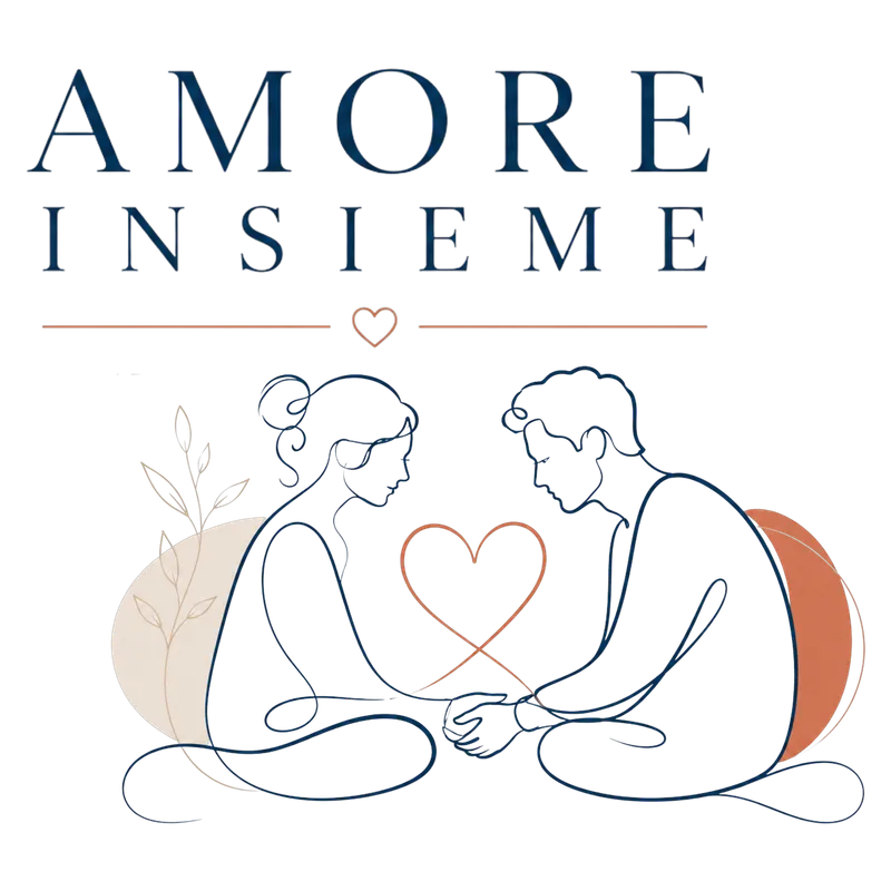 Locandina Amore insieme: coppia disegnata a linea continua, seduta mano nella mano, con un cuore tra i due