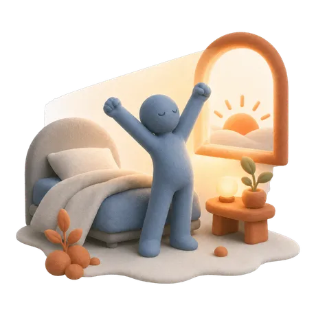 Figura che si stira felice alzandosi dal letto, con una finestra da cui entra l'alba e una piantina accanto