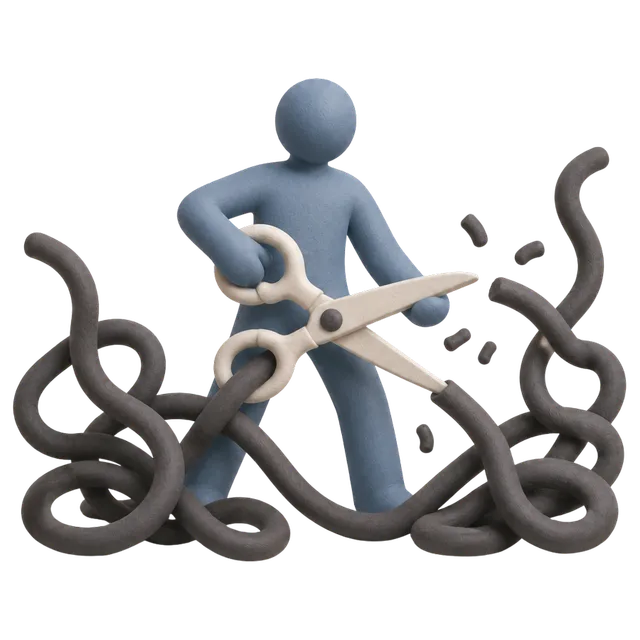Figura che recide con delle grandi forbici i grovigli scuri e aggrovigliati che la circondano