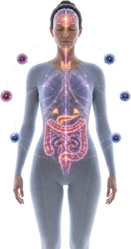 Figura umana intera con il sistema nervoso acceso, cellule immunitarie e organi