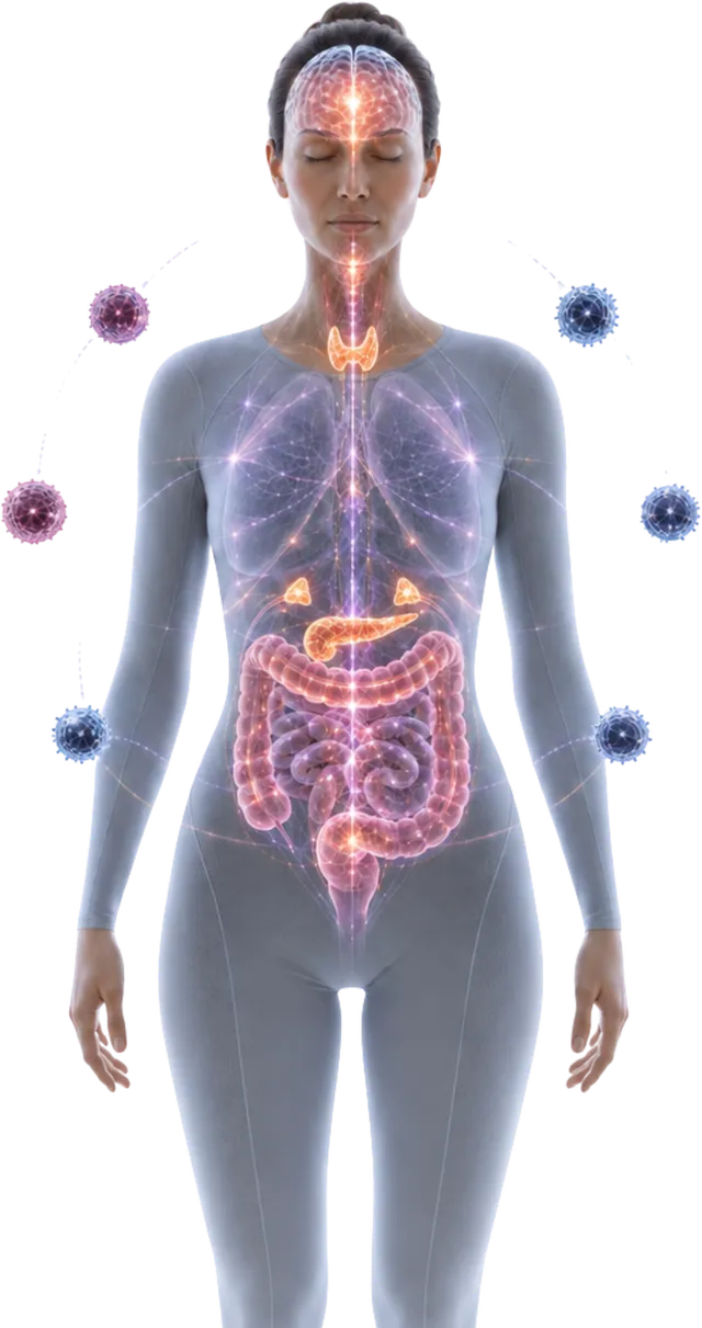 Figura umana intera con il sistema nervoso acceso, organi e cellule immunitarie
