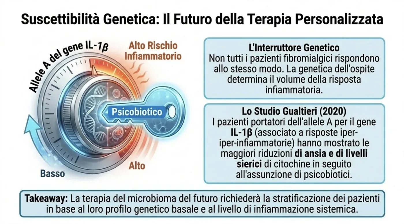 Suscettibilità genetica: i portatori dell’allele A del gene IL-1β mostrano risposte maggiori agli psicobiotici in termini di riduzione di ansia e citochine sieriche, a sostegno di una modulazione personalizzata su base genetica