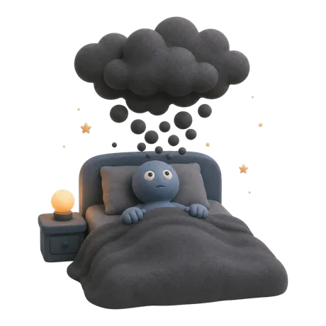 Figura seduta a letto con una nuvola scura che le piove pensieri sopra la testa, una lampada accesa accanto