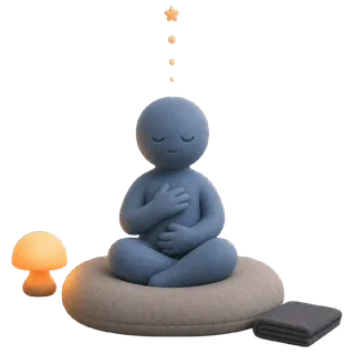 Figura seduta in meditazione su un cuscino, gli occhi chiusi e una scia di piccole stelle che sale verso l'alto