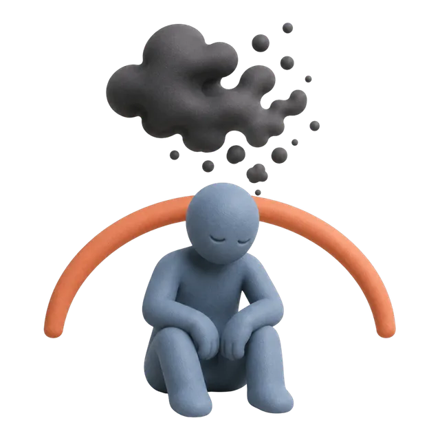 Figura seduta che si abbraccia le ginocchia mentre una nuvola scura sopra la testa si dissolve in piccole gocce, dentro un arco arancione
